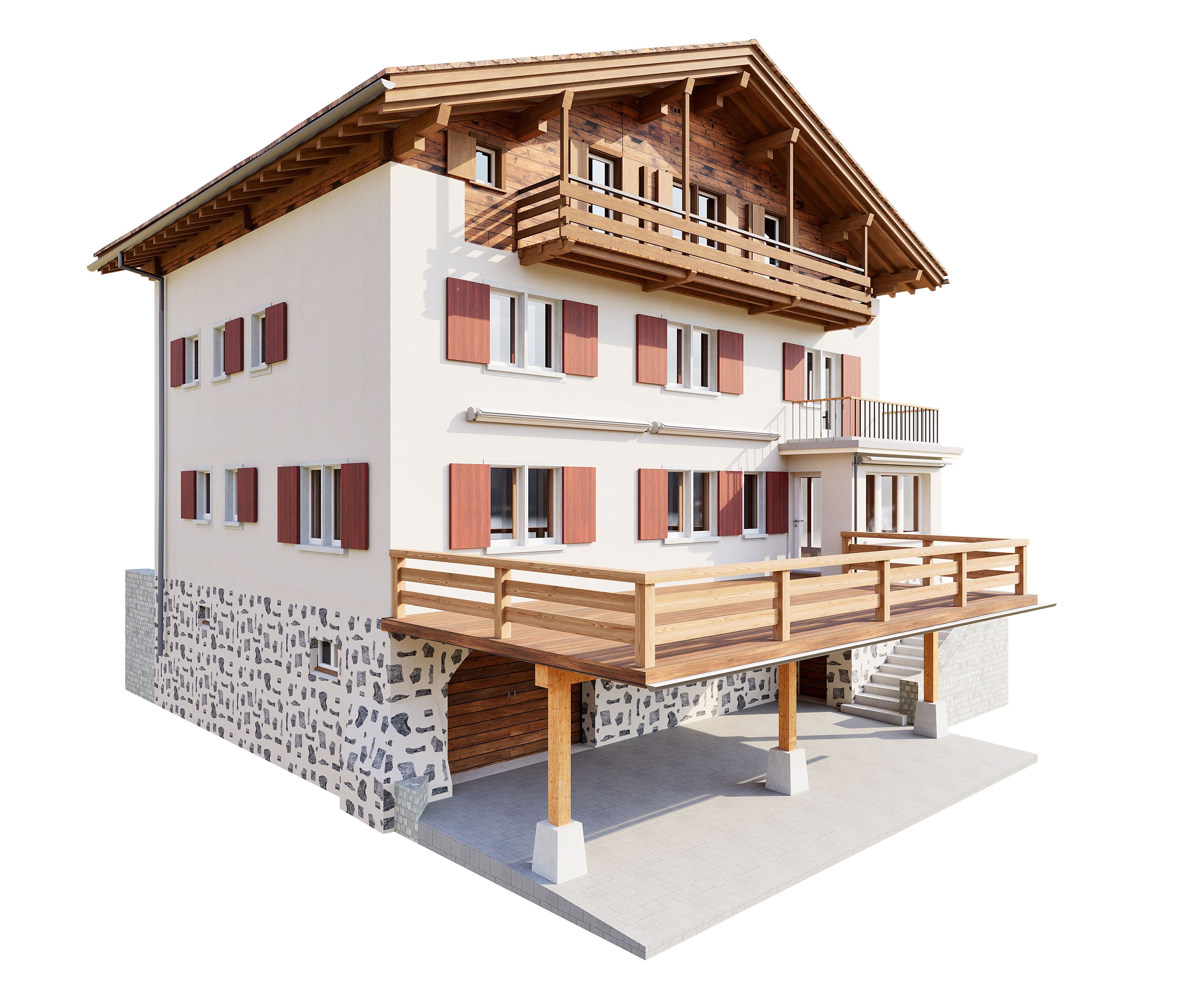 3D-Render eines modernen Chalets mit weißer Fassade, Holz-Dachüberstand, Balkonen und großer Holzterrasse auf Steinsockel, freigestellt auf weißem Hintergrund.