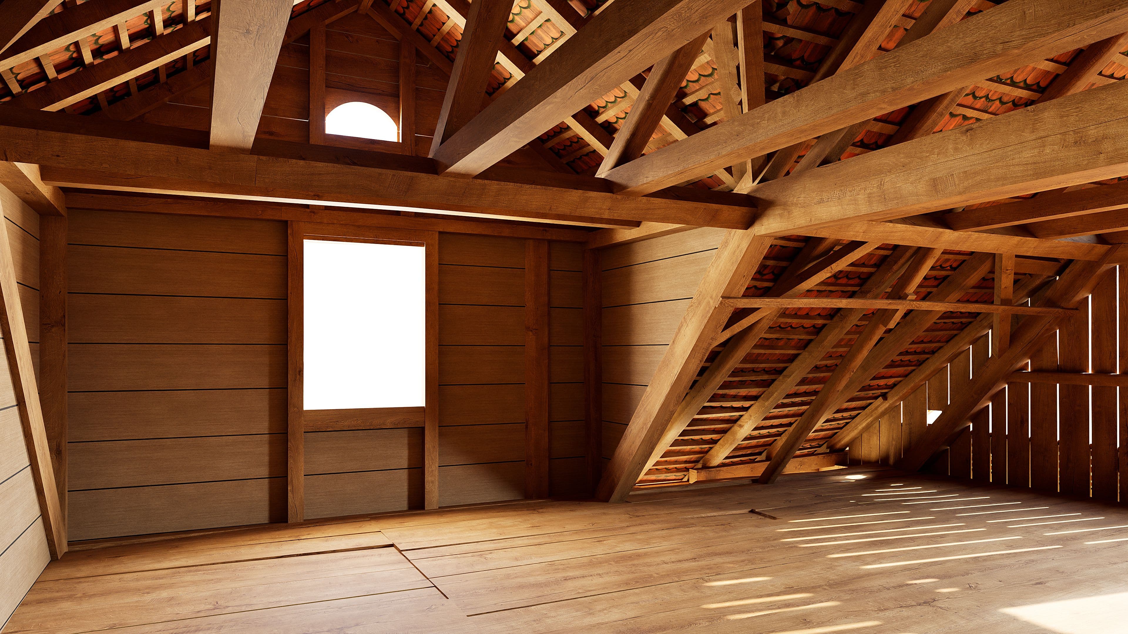 Holzdachboden mit sichtbaren Dachbalken und Sparren, Holzboden und kleinem Fenster; warmes Sonnenlicht fällt durch die Öffnung und beleuchtet den leeren Dachraum.