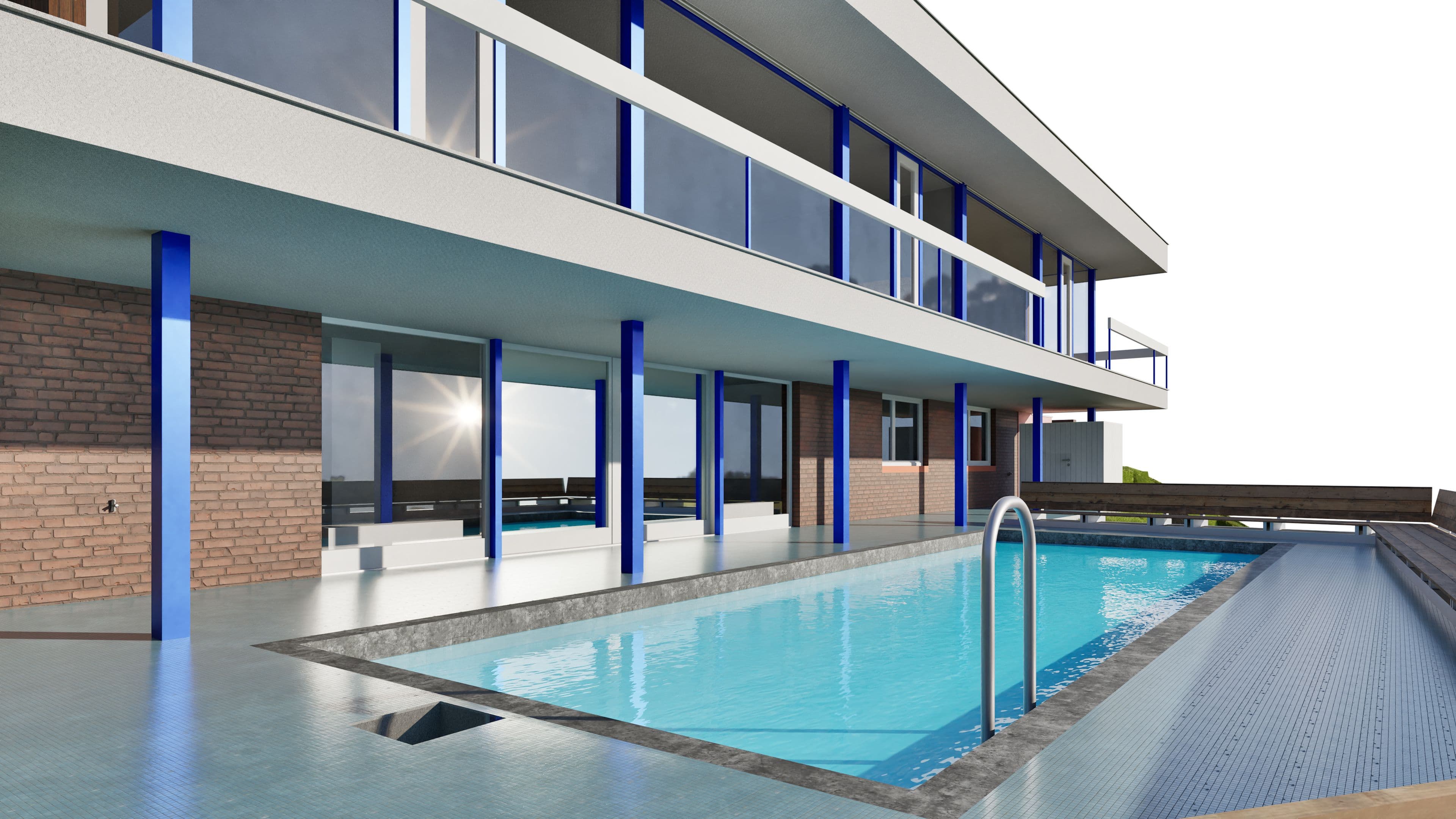 Moderne Villa mit großem Außenpool, Glasgeländern und blauen Stützen, Blick auf Terrasse und Fassade bei Tageslicht, 3D-Architekturvisualisierung eines Luxus-Hauses mit Schwimmbecken.