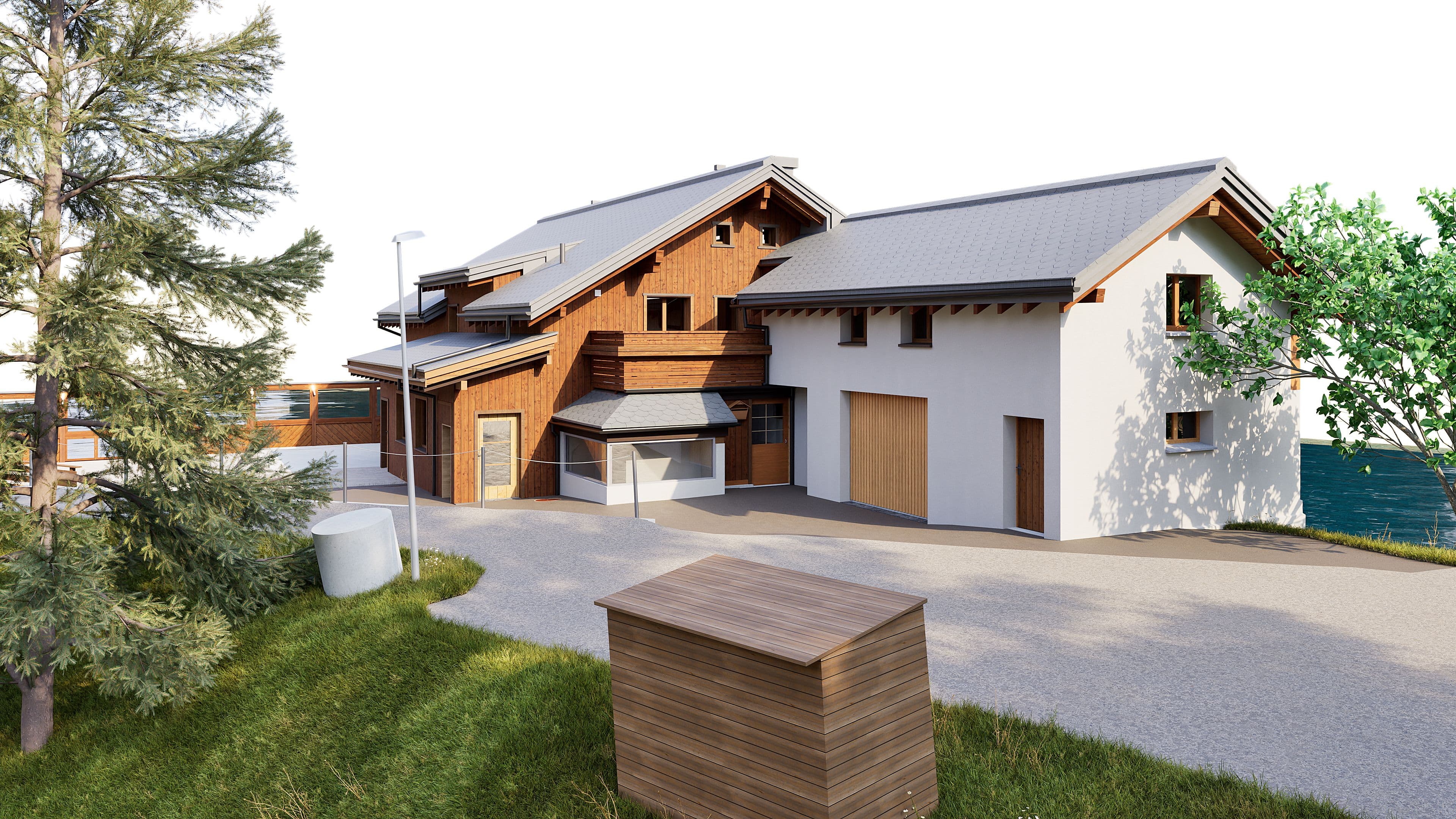 3D-Architekturvisualisierung eines modernen Chalet-Hauses mit Holz- und Weißputzfassade, Satteldach, Garage und Zufahrt, umgeben von Grünfläche und Bäumen.