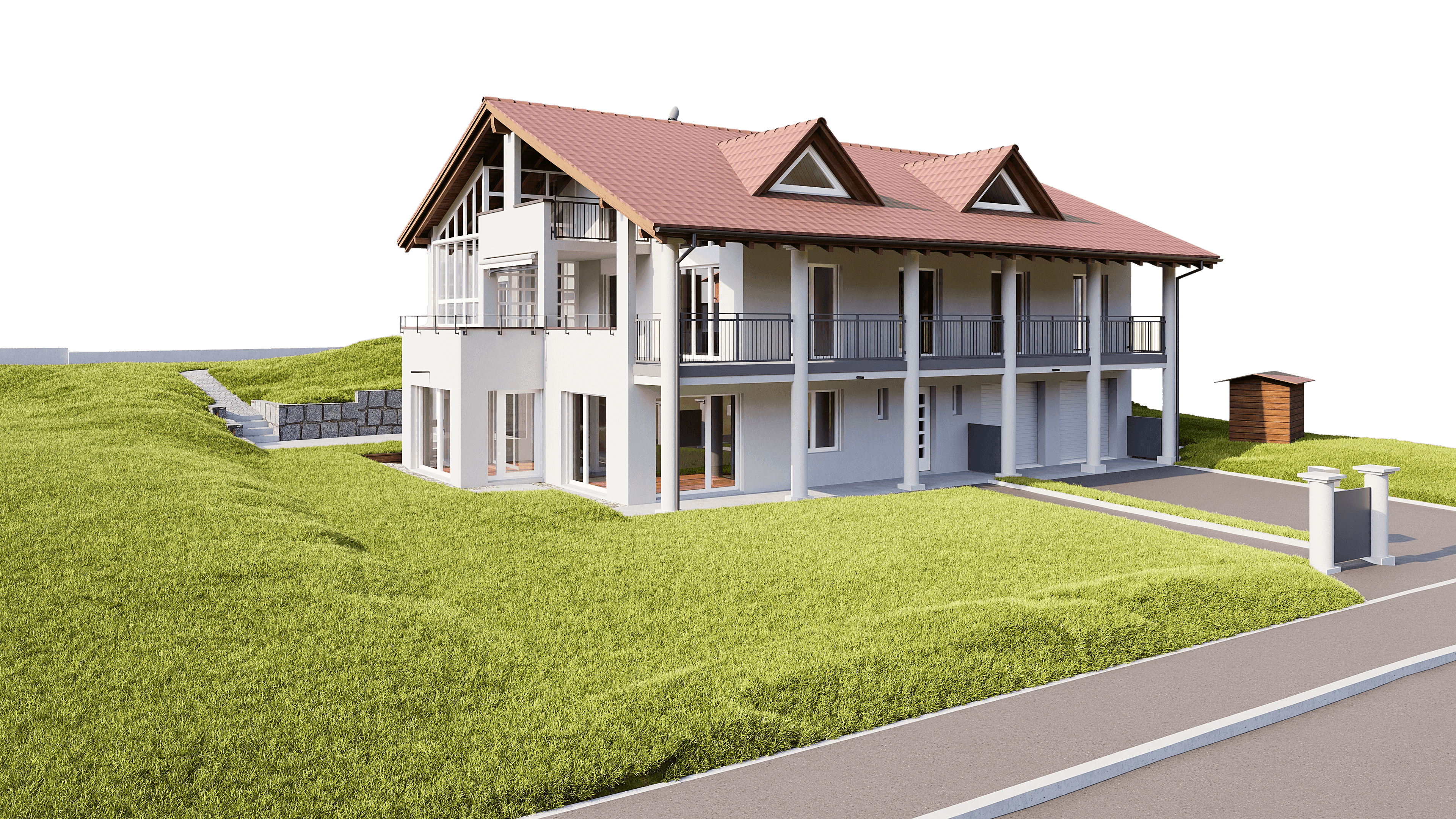 3D-Visualisierung eines modernen Mehrfamilienhauses mit Satteldach, Balkonen und großer Grünfläche am Straßenrand, Außenansicht bei Tageslicht.