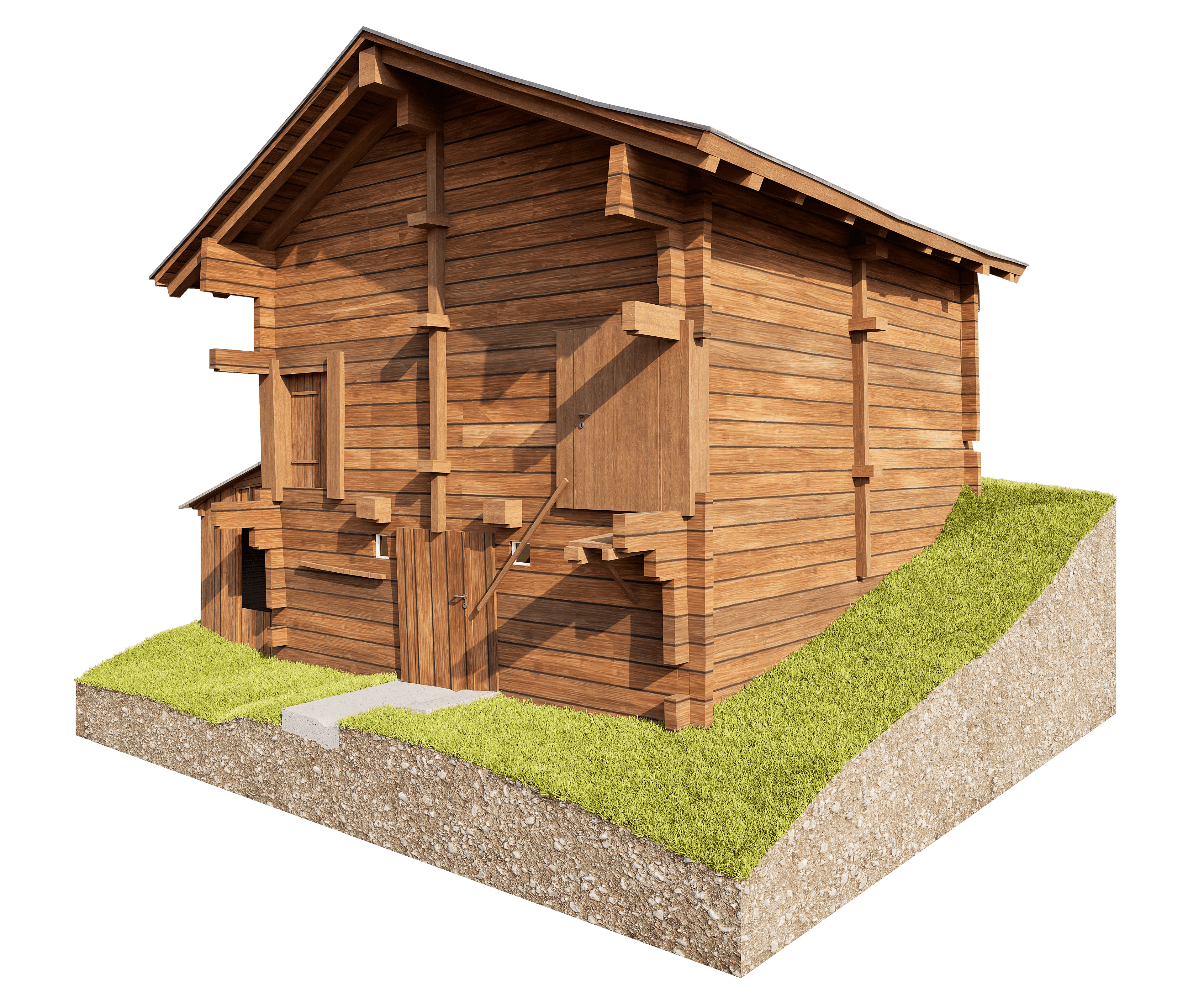3D-Rendering eines Holzhauses mit Satteldach auf Grasgrundstück, Frontansicht mit Eingangstreppe und kleinem Fundament – rustikale Blockhaus-Optik, Architekturvisualisierung für Bau- und Wohnideen
