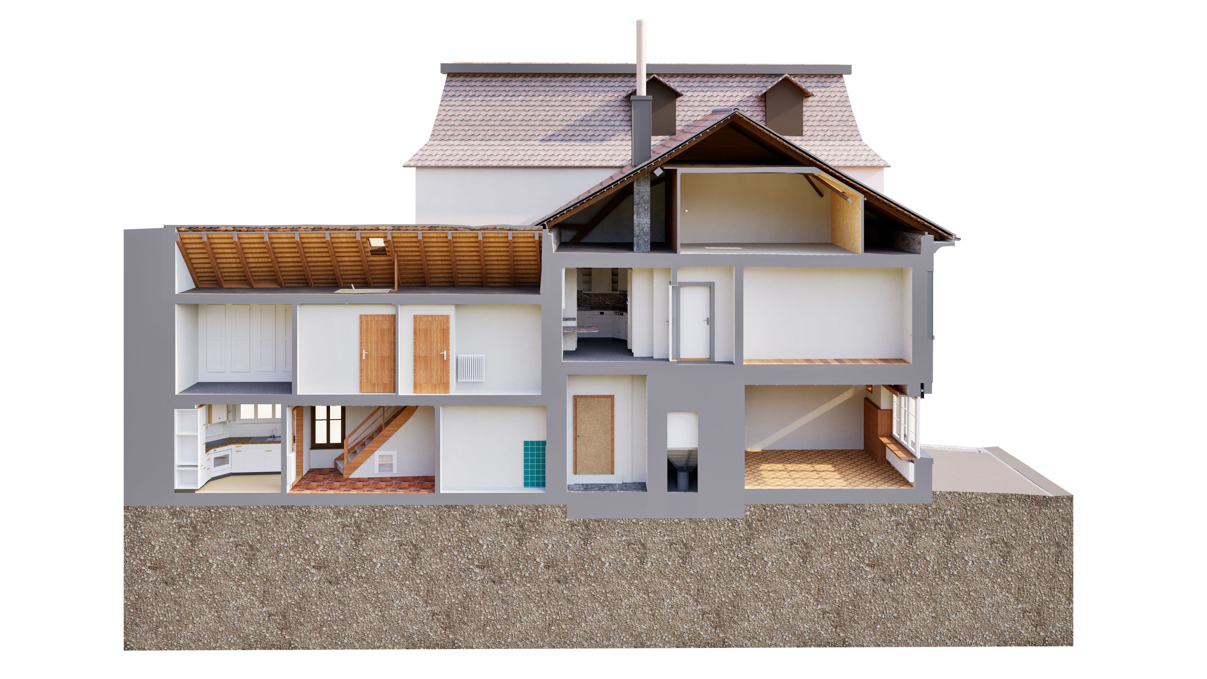 3D-Schnittmodell eines zweistöckigen Hauses mit Dachgeschoss: Blick ins Innere mit Räumen, Treppe, Holzbalken und Fundament, Architektur-Querschnitt auf weißem Hintergrund.
