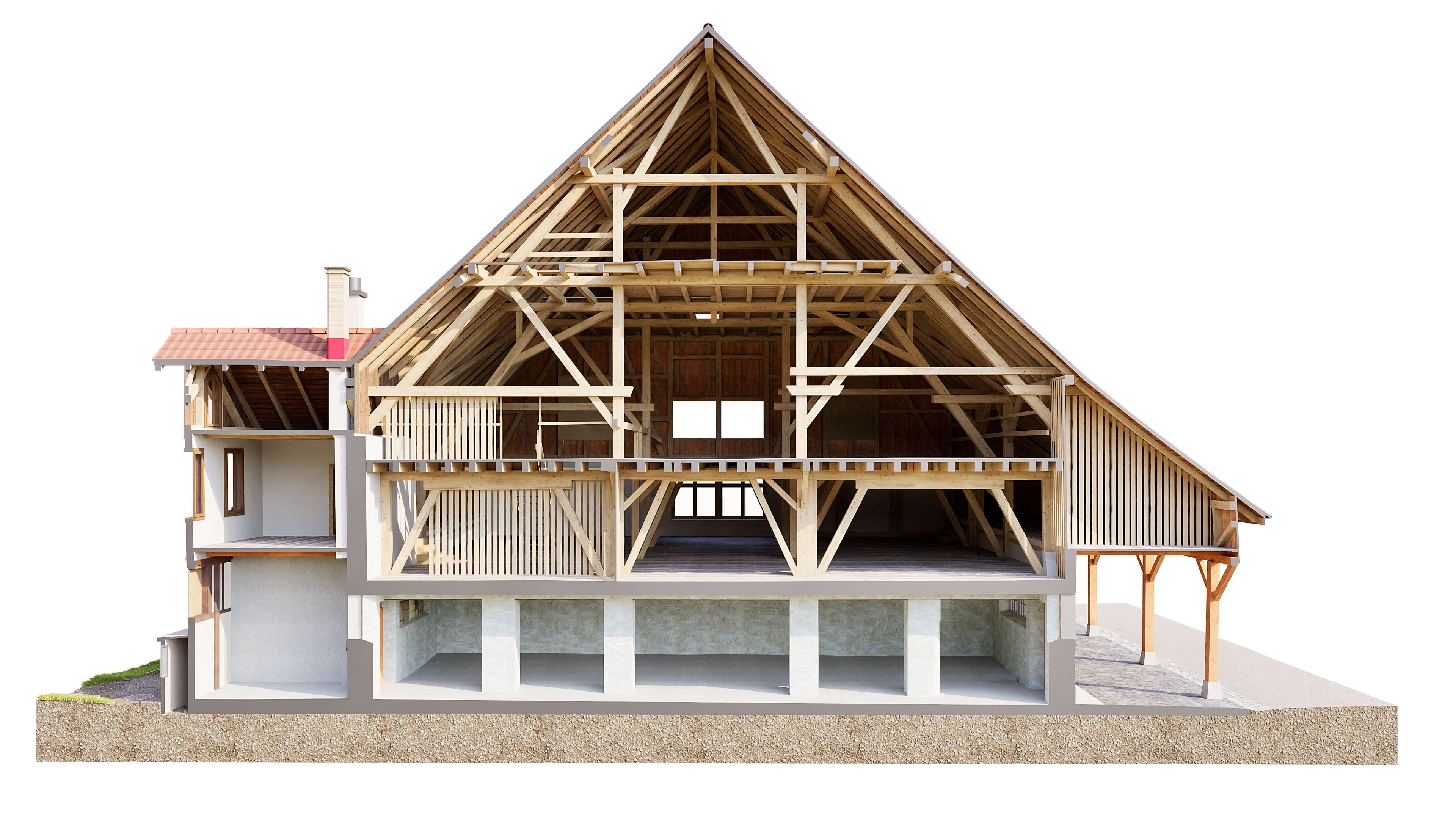 Schnittansicht eines Holzrahmenhauses mit sichtbarem Dachstuhl und Balkenstruktur, Betonfundament und angebautem Nebenteil – Architektur-Visualisierung auf weißem Hintergrund.