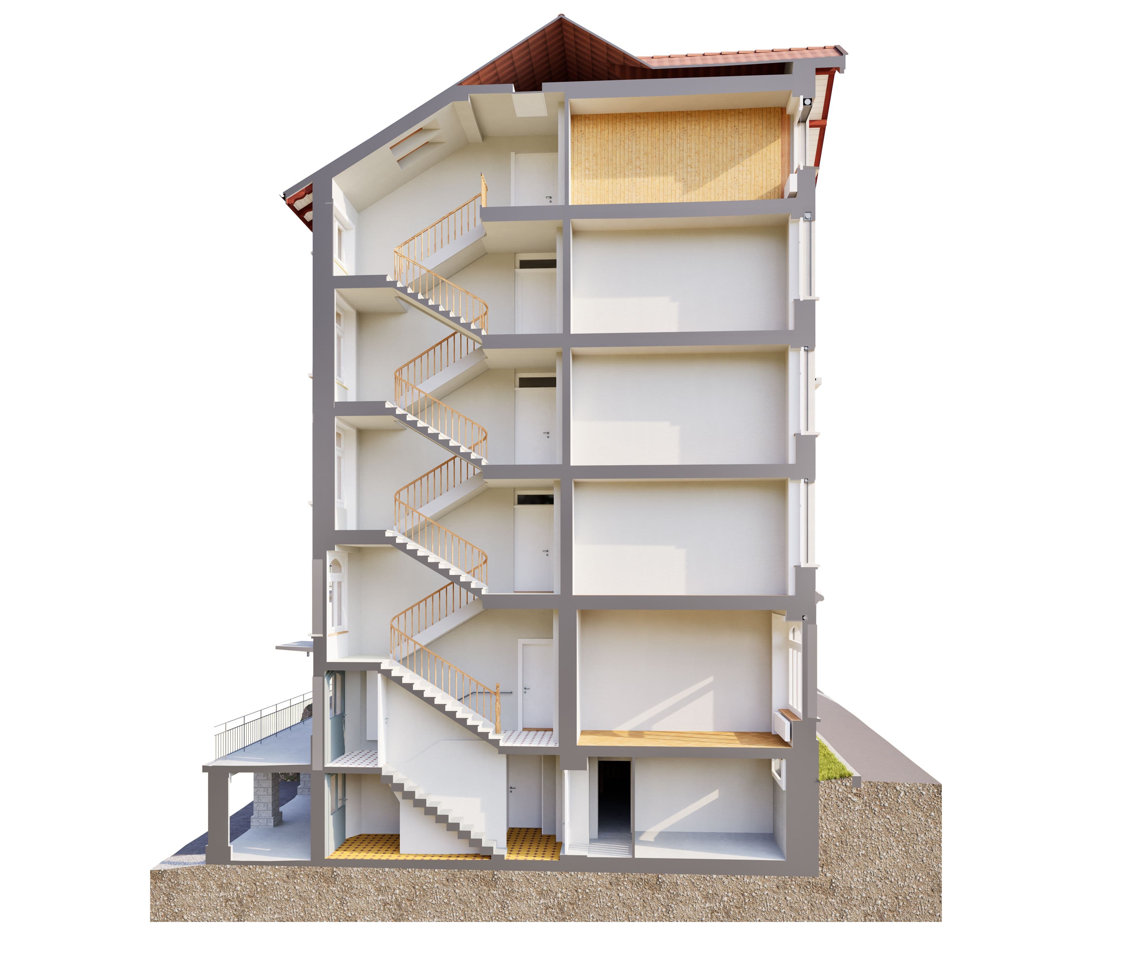 3D-Schnittansicht eines mehrstöckigen Wohngebäudes mit Treppenhaus, Etagen, Dachkonstruktion und Fundament; architektonisches Querschnitt-Modell zur Bauplanung.