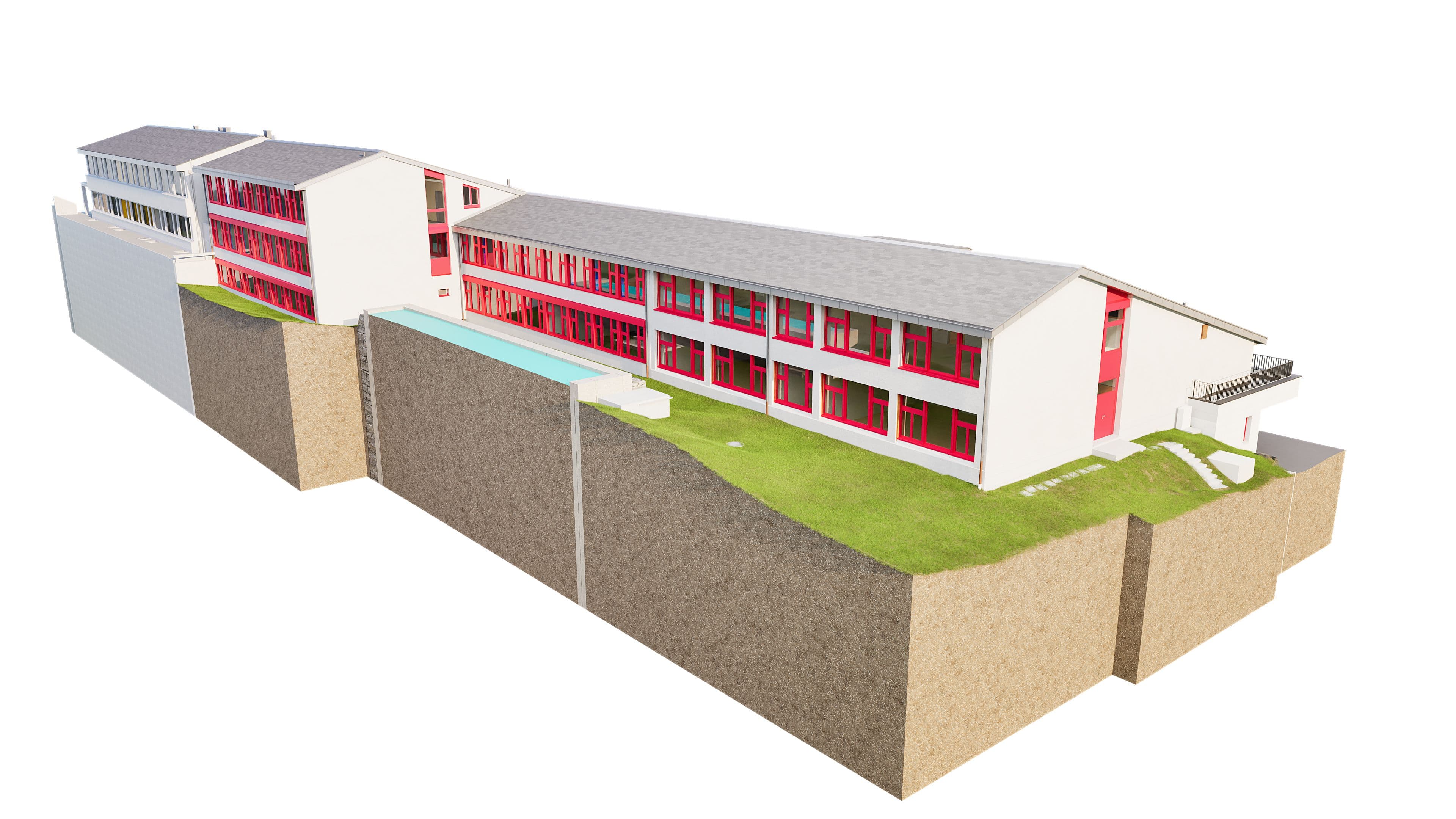 Modernes Schulgebäude mit roter und weißer Fassade, auf mehreren Ebenen gebaut.
