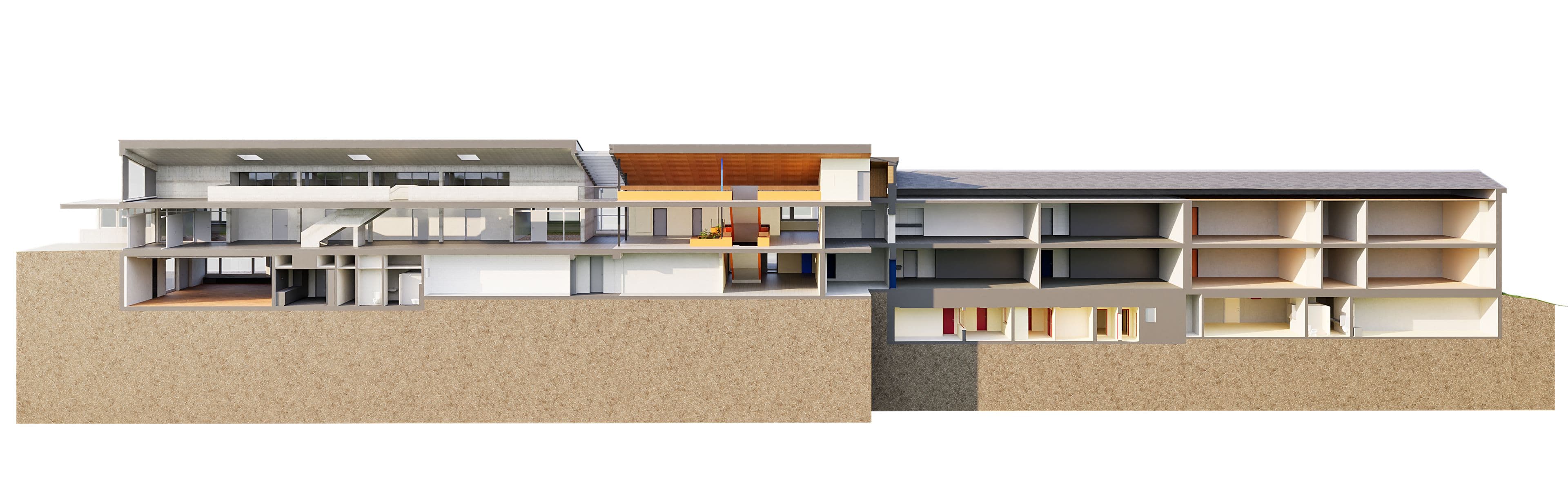 Ein architektonischer Querschnitt eines mehrstöckigen Gebäudes zeigt Innenräume und Strukturen, einschließlich Raumaufteilung und Baumaterialien.