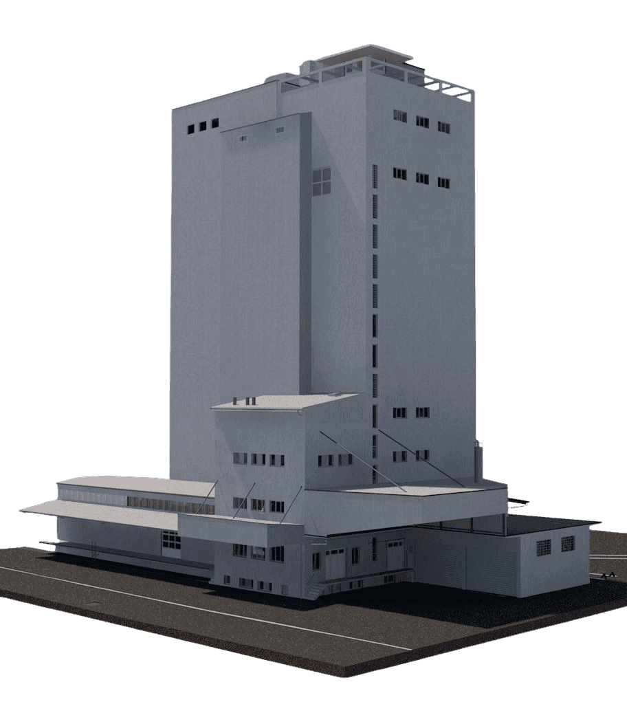Ein modernes, graues Hochhaus mit mehreren Stockwerken und künstlerischen Akzenten. Ideal für SEO und Zugänglichkeit.