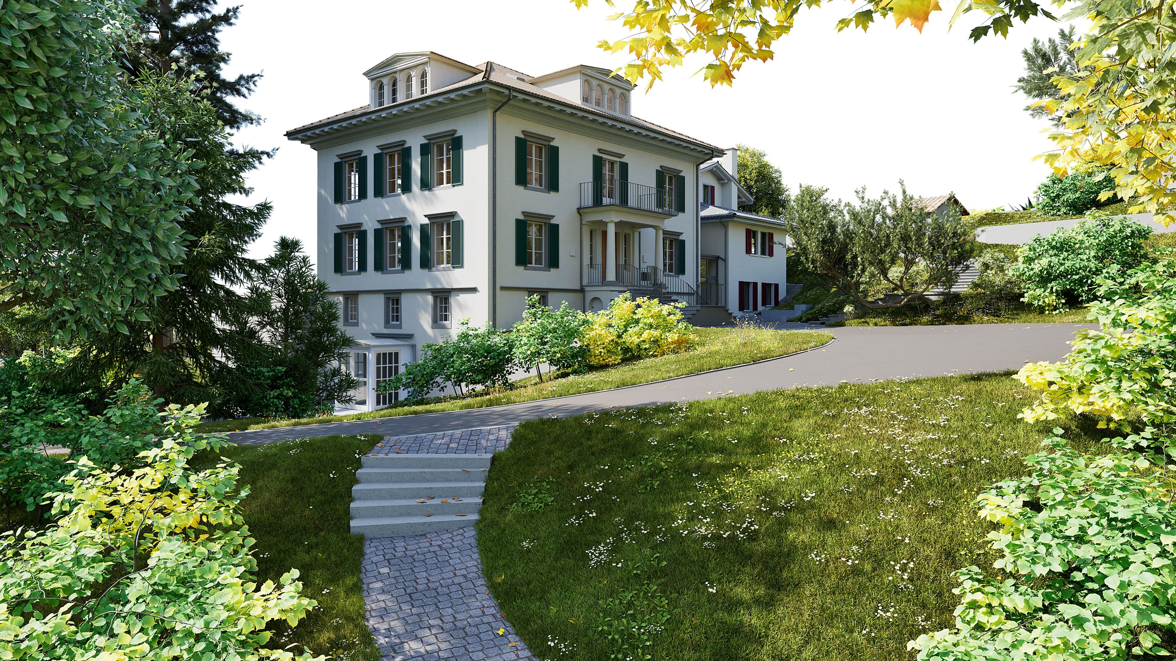 Elegante weiße Villa mit grünen Fensterläden und Balkon, umgeben von Garten und Bäumen, mit geschwungenem Weg und Treppe im sonnigen Außenbereich.
