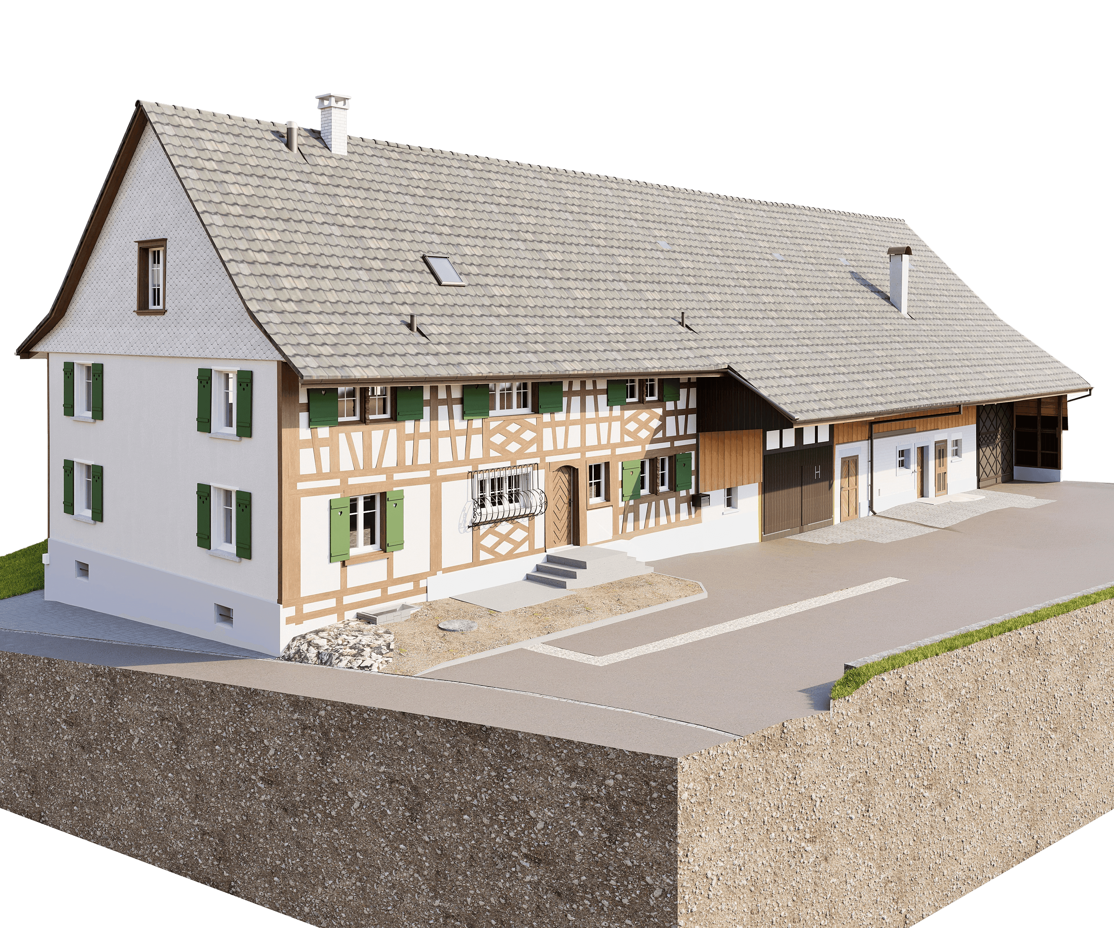 3D-Rendering eines sanierten Bauernhauses mit Fachwerkfassade, Satteldach und grünen Fensterläden, langgestrecktes Gebäude mit Hofeinfahrt und angebrochener Bodenansicht im Querschnitt.