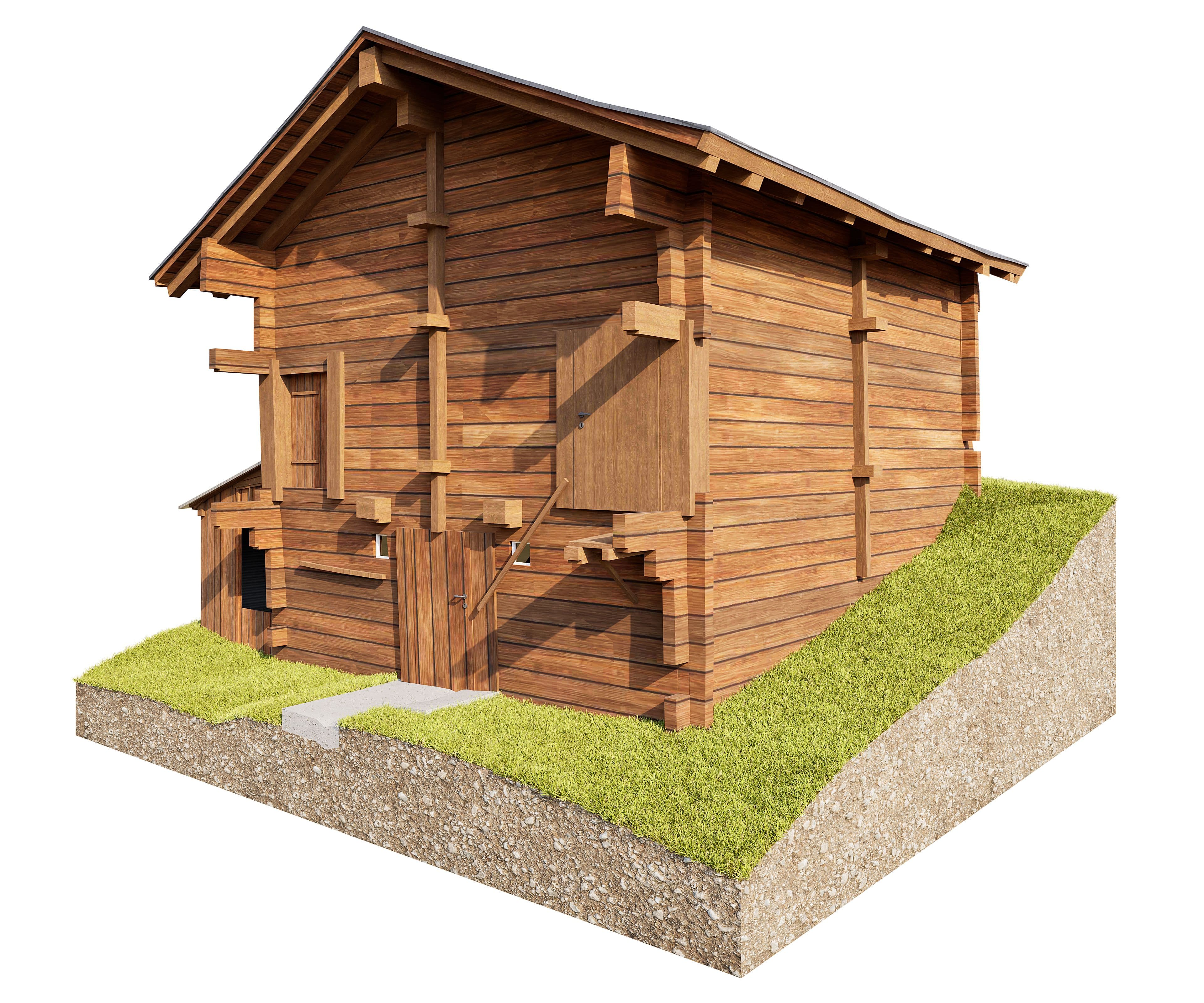 3D-Render eines traditionellen Holzhauses mit Satteldach auf grasbewachsenem Grundstück, seitliche Treppe und Eingang, aufgeschnittener Bodenquerschnitt sichtbar.