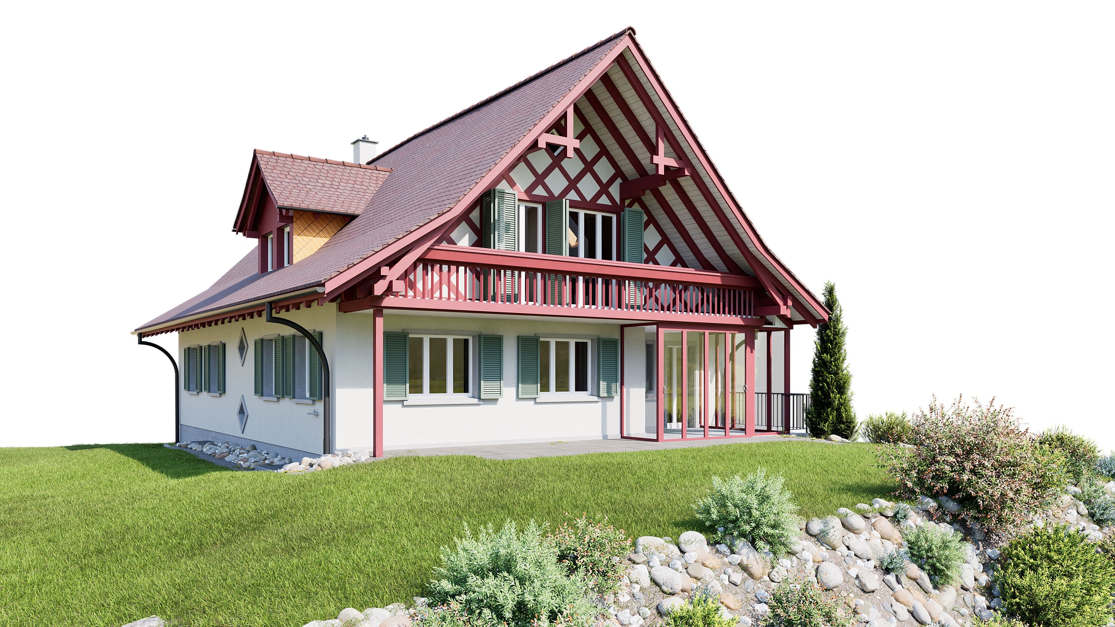 Einfamilienhaus im traditionellen Stil mit rotem Satteldach, Balkon, großen Fenstern und gepflegtem Garten auf grüner Wiese.