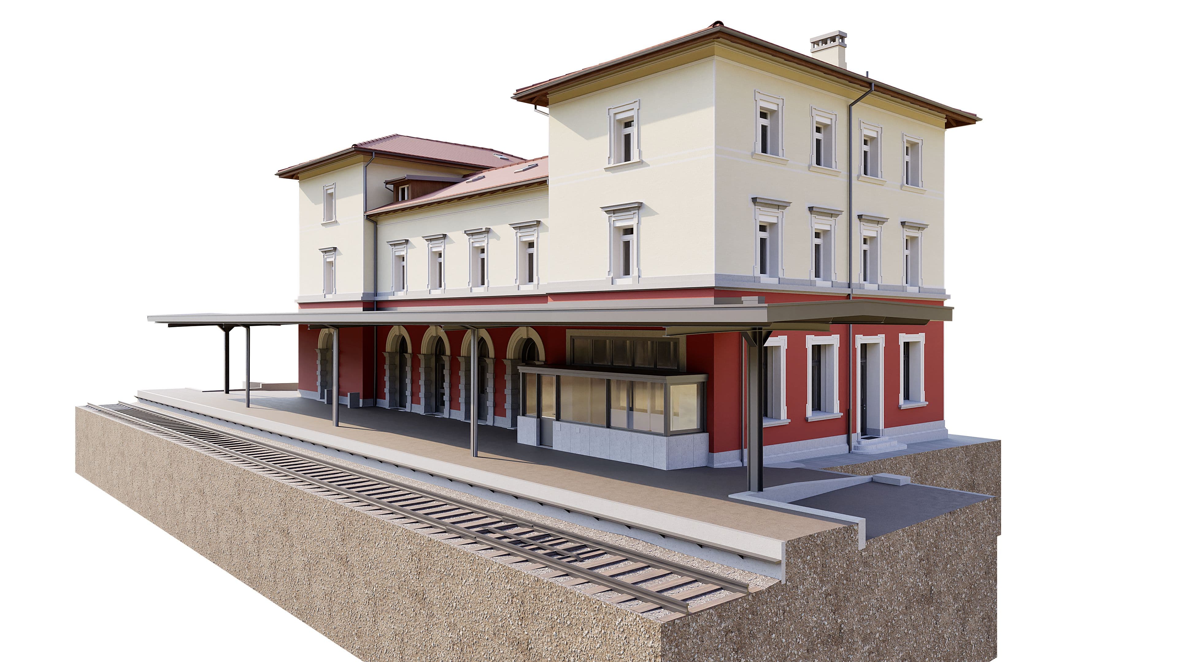 3D-Rendering eines historischen Bahnhofsgebäudes mit Bahnsteigüberdachung, Gleisen und Arkaden; detailreiches Modell in Beige und Rot, freigestellt auf weißem Hintergrund.