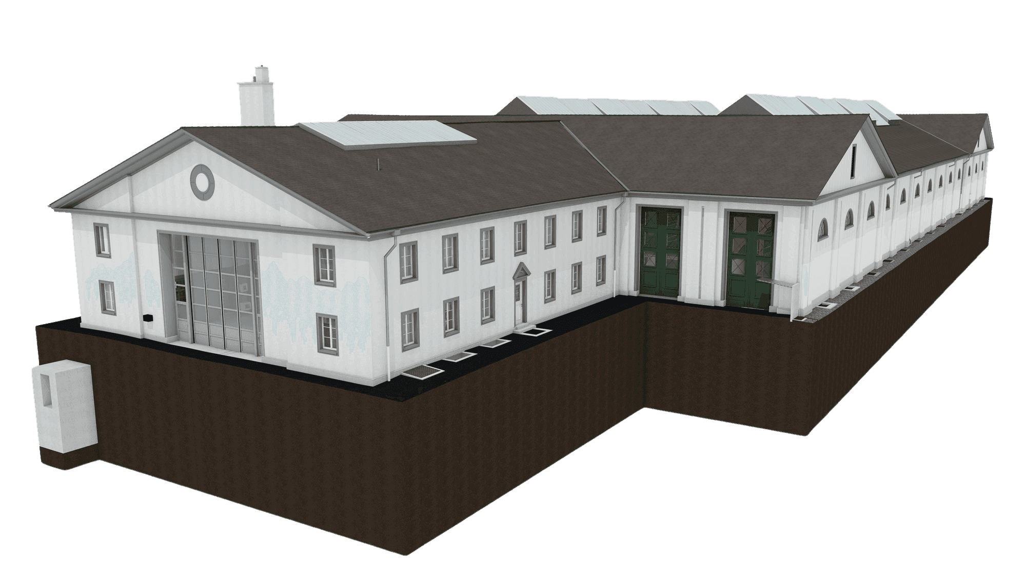 Industrielle Lagerhalle mit grauem Dach und großen grünen Toren, 3D-Modell.
