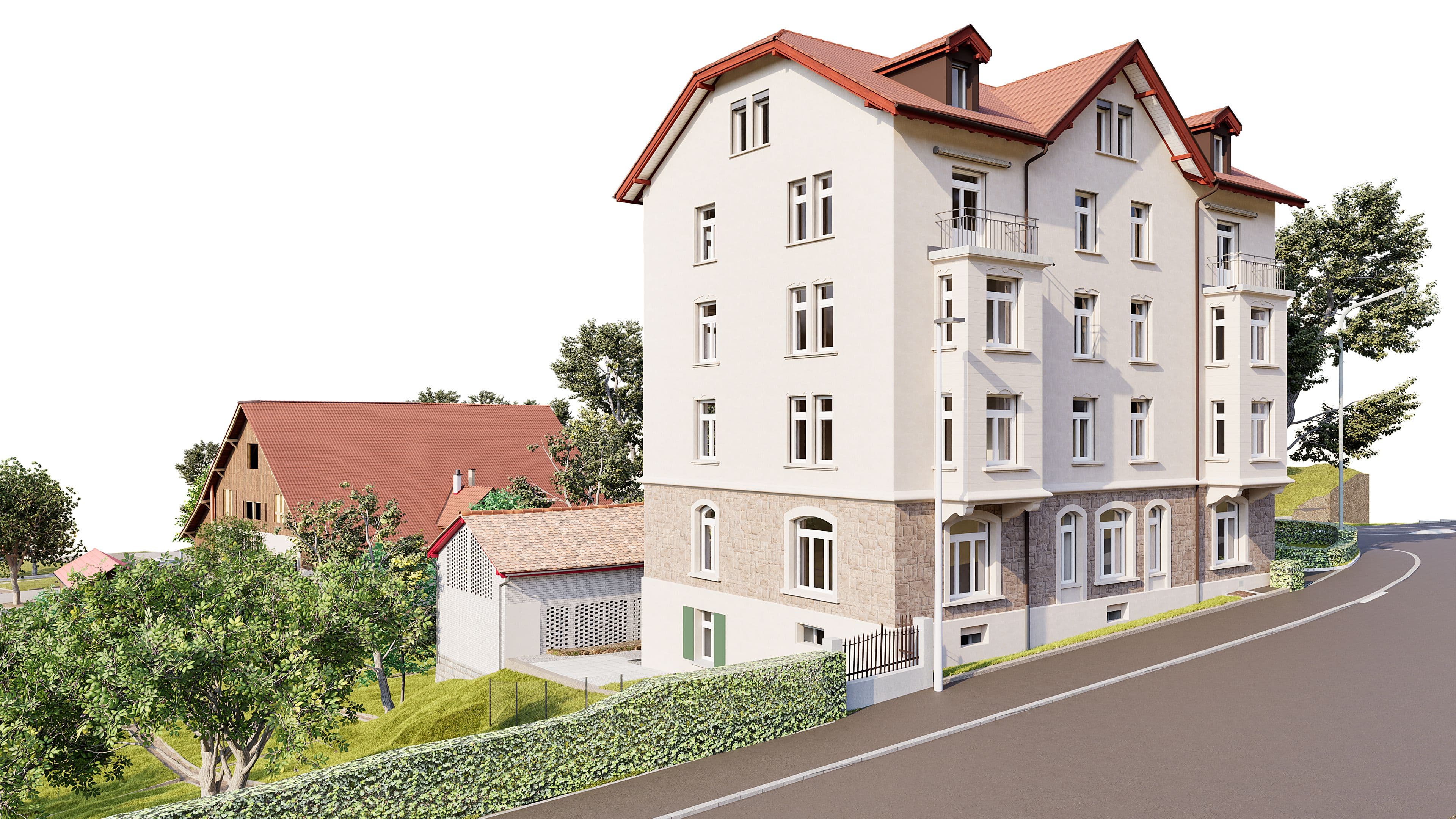 3D-Visualisierung eines hellen Mehrfamilienhauses mit rotem Satteldach an einer Straße, Balkonen und großen Fenstern, umgeben von Grünflächen und Nebengebäuden am Hang.