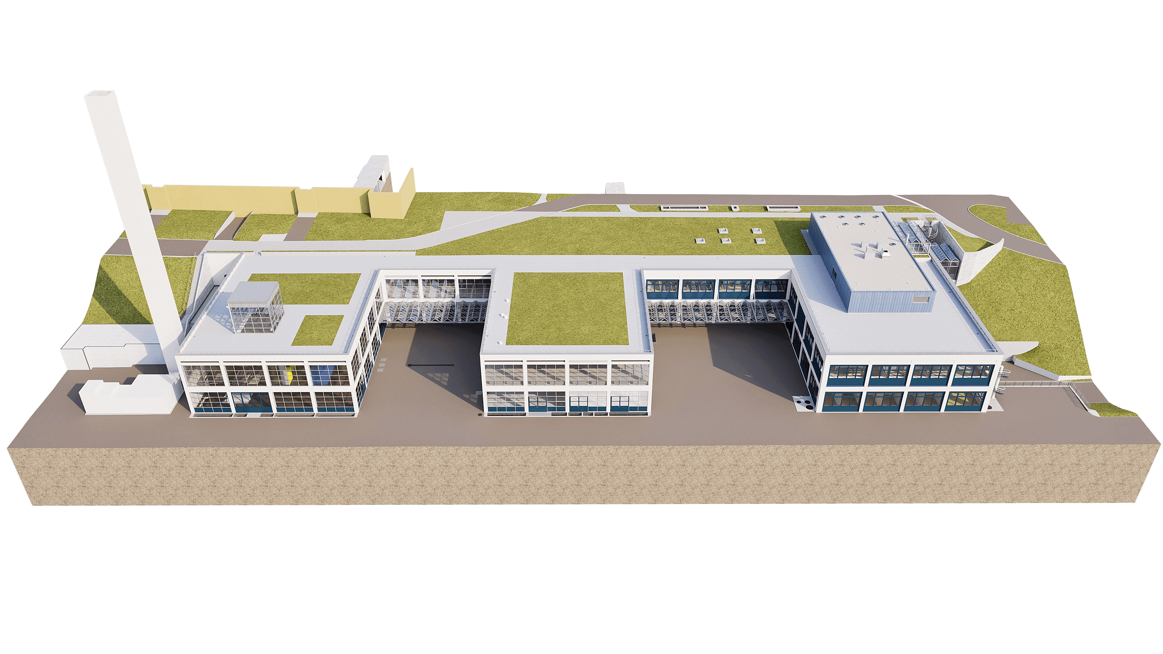 3D-Architekturvisualisierung eines modernen Industrie- und Verwaltungsgebäudes mit Flachdächern und begrünten Dachflächen, verbundenen Baukörpern und hohem Schornstein, Ansicht aus der Vogelperspektive.