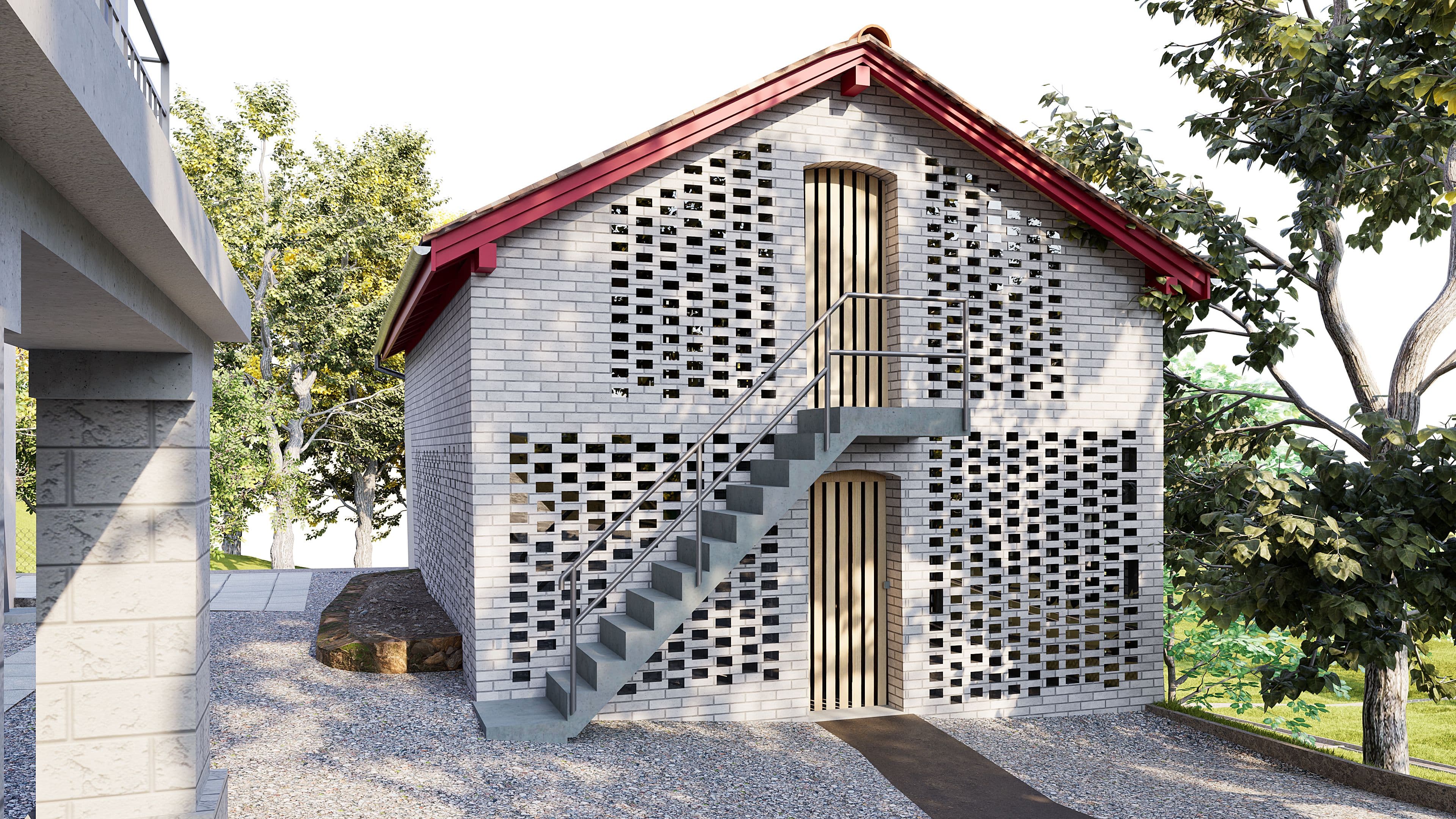 3D-Visualisierung eines kleinen grauen Backsteinhauses mit roten Dachkanten, Außentreppe zu einer oberen Tür, Lochmuster-Mauerwerk, Bäumen und Kieshof im Tageslicht.