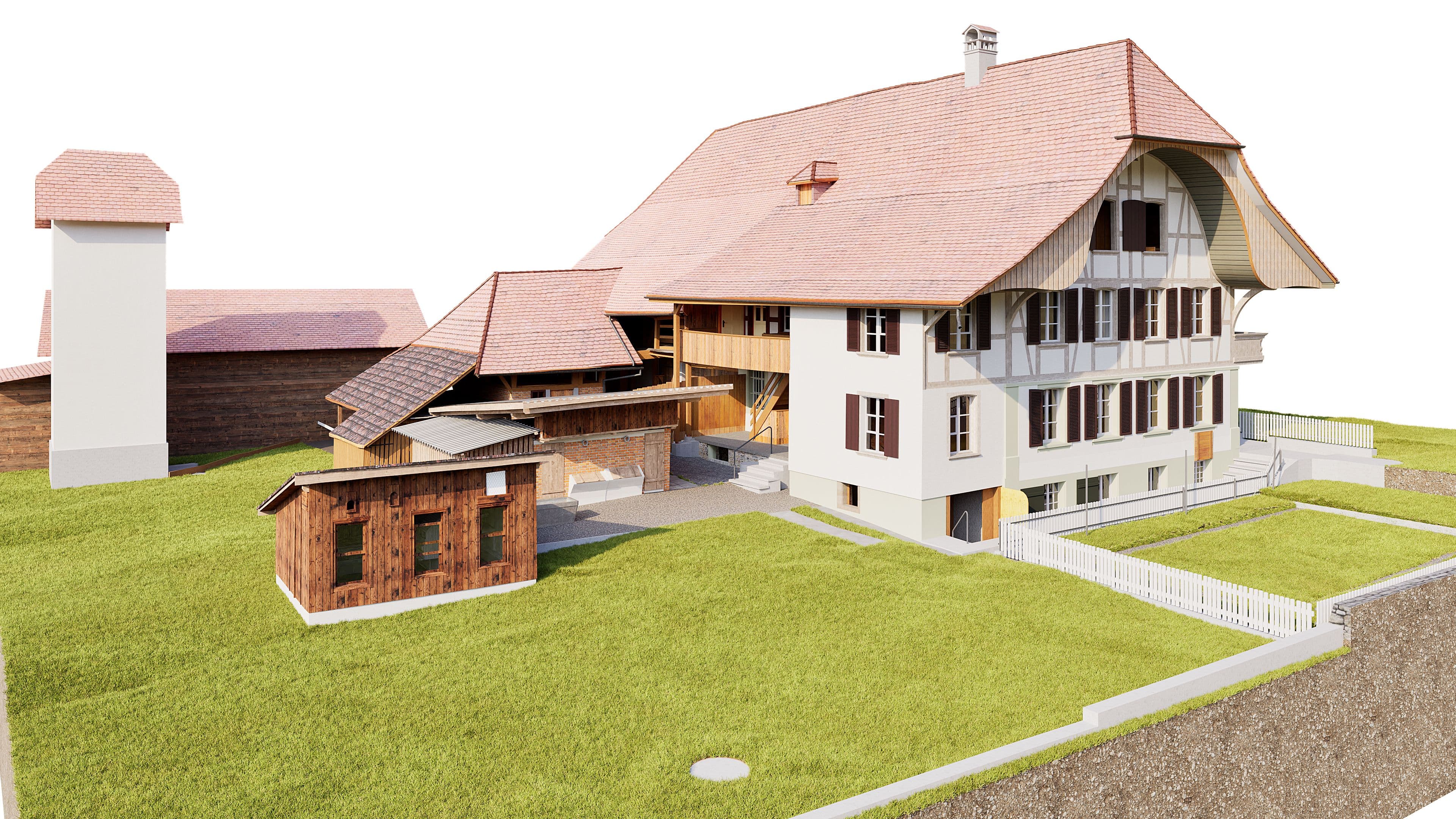 3D-Architekturvisualisierung eines großen Bauernhauses mit rotem Ziegeldach, Nebengebäuden und Hof auf grüner Wiese, weißer Holzzaun und Turm, helle Außenansicht.
