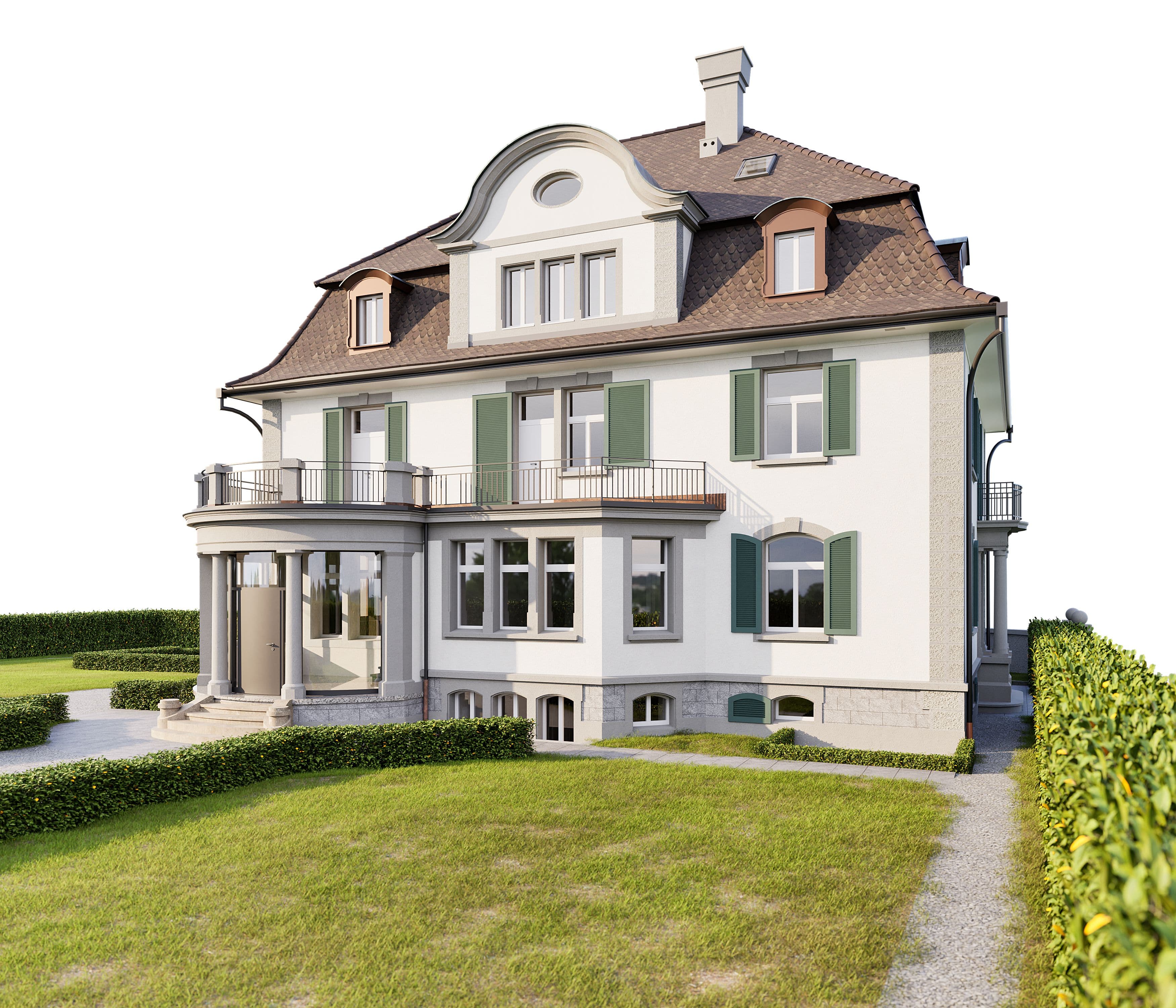 Große, zweistöckige Villa mit grünen Fensterläden und einem gepflegten Garten.