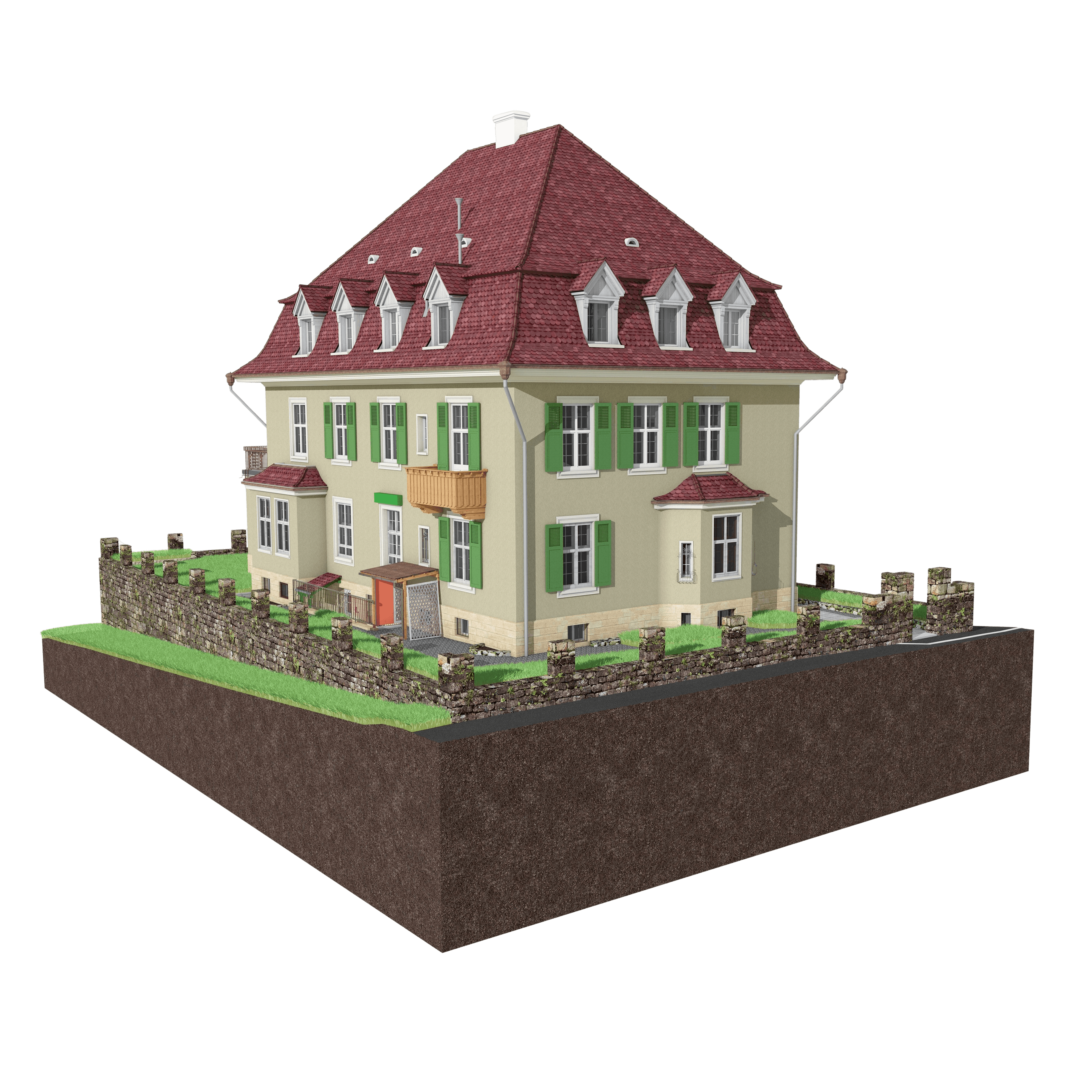 Ein großes Haus im traditionellen Stil mit rotem Dach und grünen Fensterläden, umgeben von einem Steinzaun.
