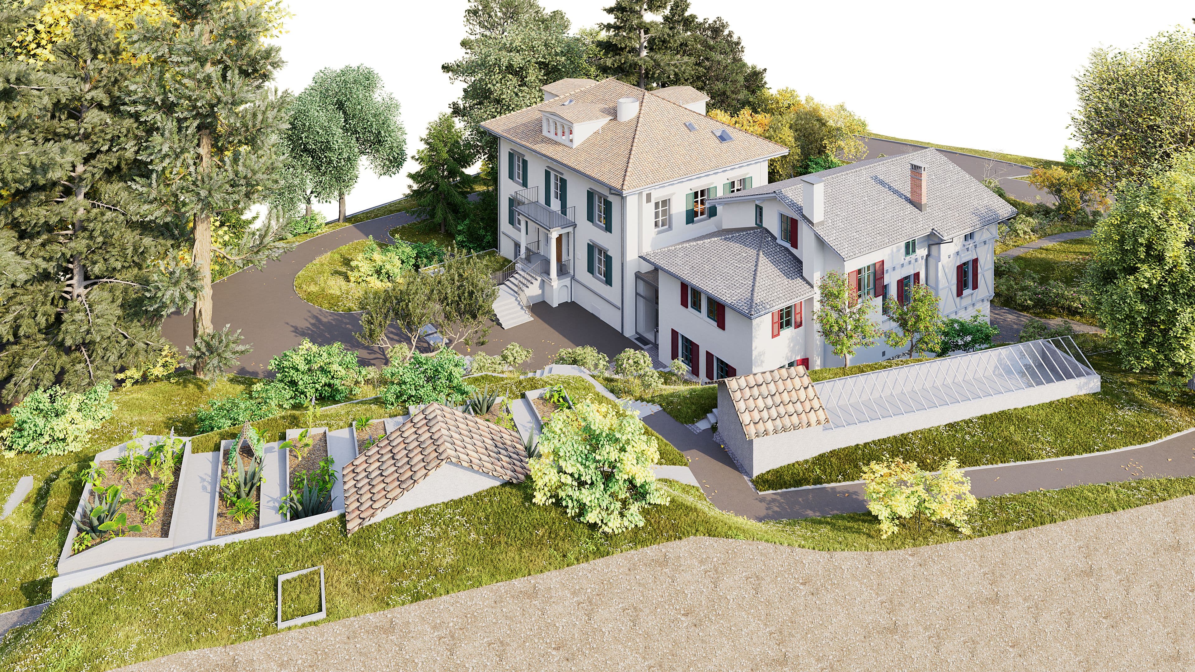 3D-Architekturvisualisierung einer hellen Villa mit Anbau, Terrasse und Gartenanlage auf einem bewaldeten Hanggrundstück, mit geschwungenen Wegen, Bepflanzung und Nebengebäuden in Vogelperspektive.