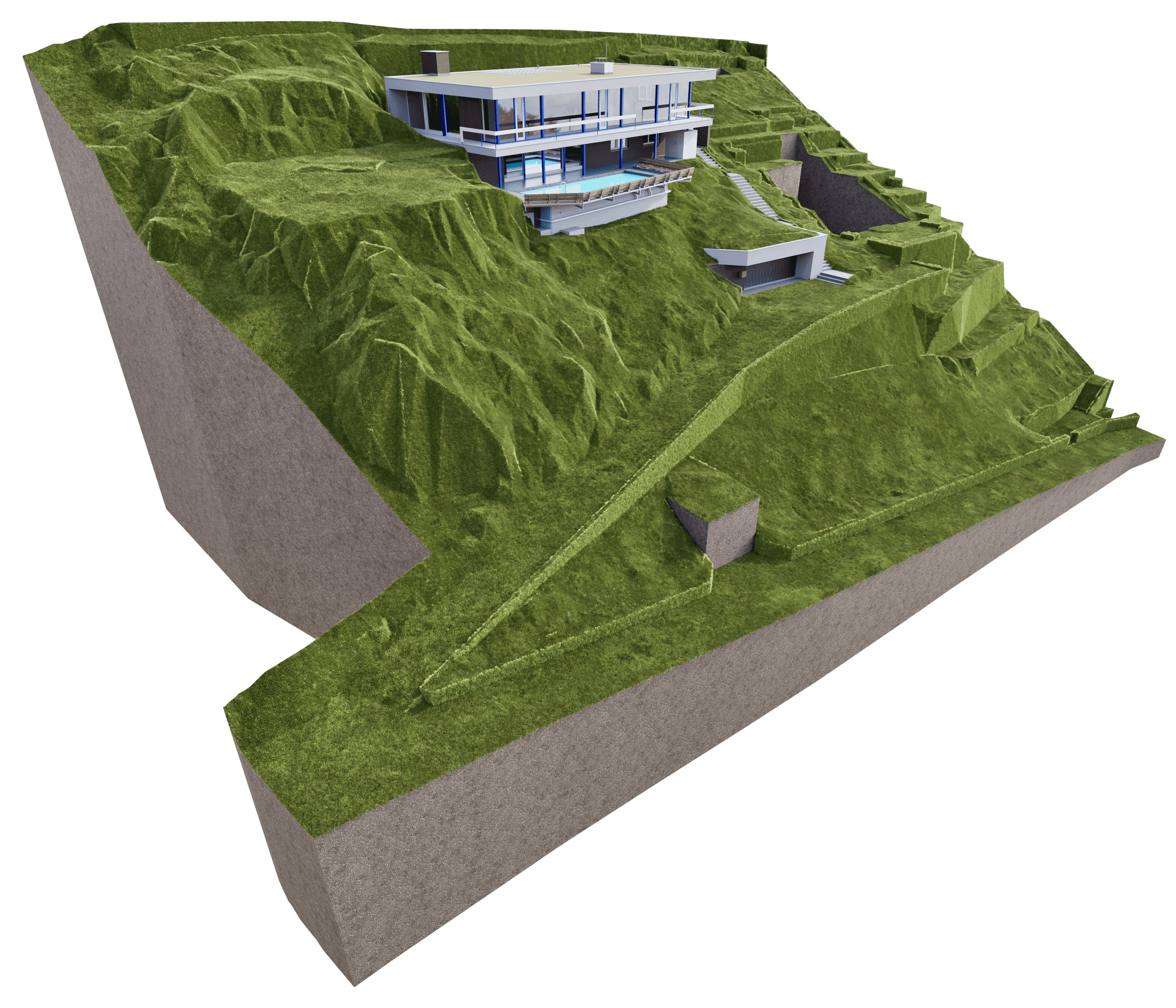 3D-Architekturvisualisierung: modernes, mehrstöckiges Haus auf steilem Hanggrundstück mit Terrassen, Zufahrt und Nebengebäuden, umgeben von grüner Landschaft.