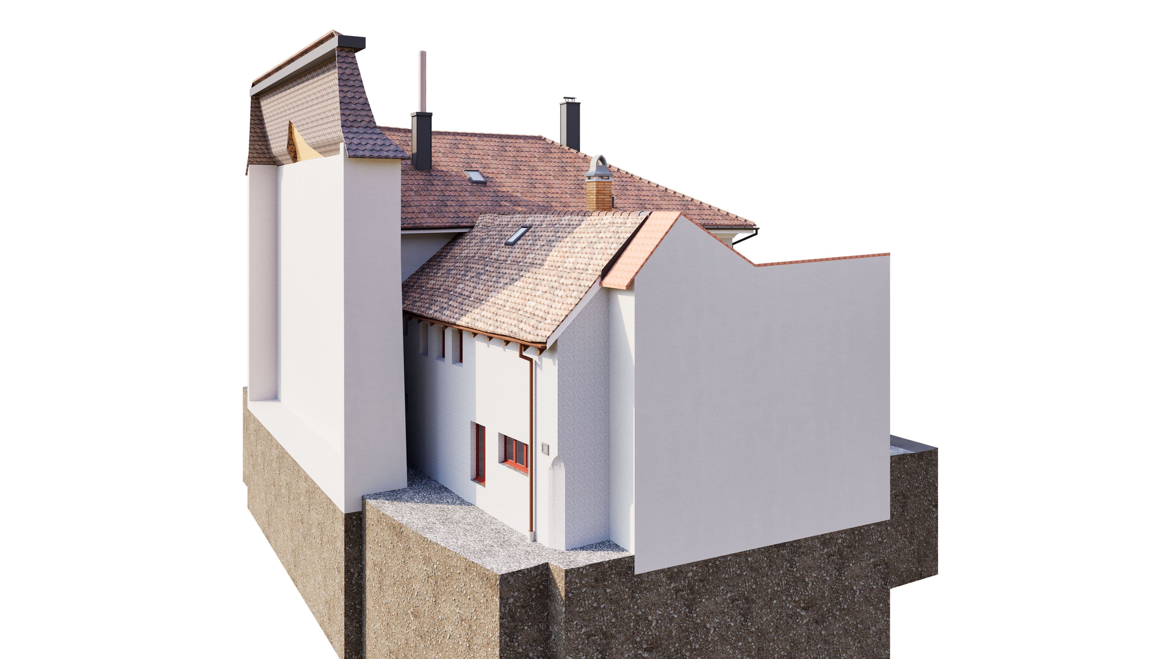 3D-Architekturmodell eines Wohnhauses mit Satteldach und Schornsteinen, teilweise geschnittene Außenwände zur Innenansicht, auf weißem Hintergrund.