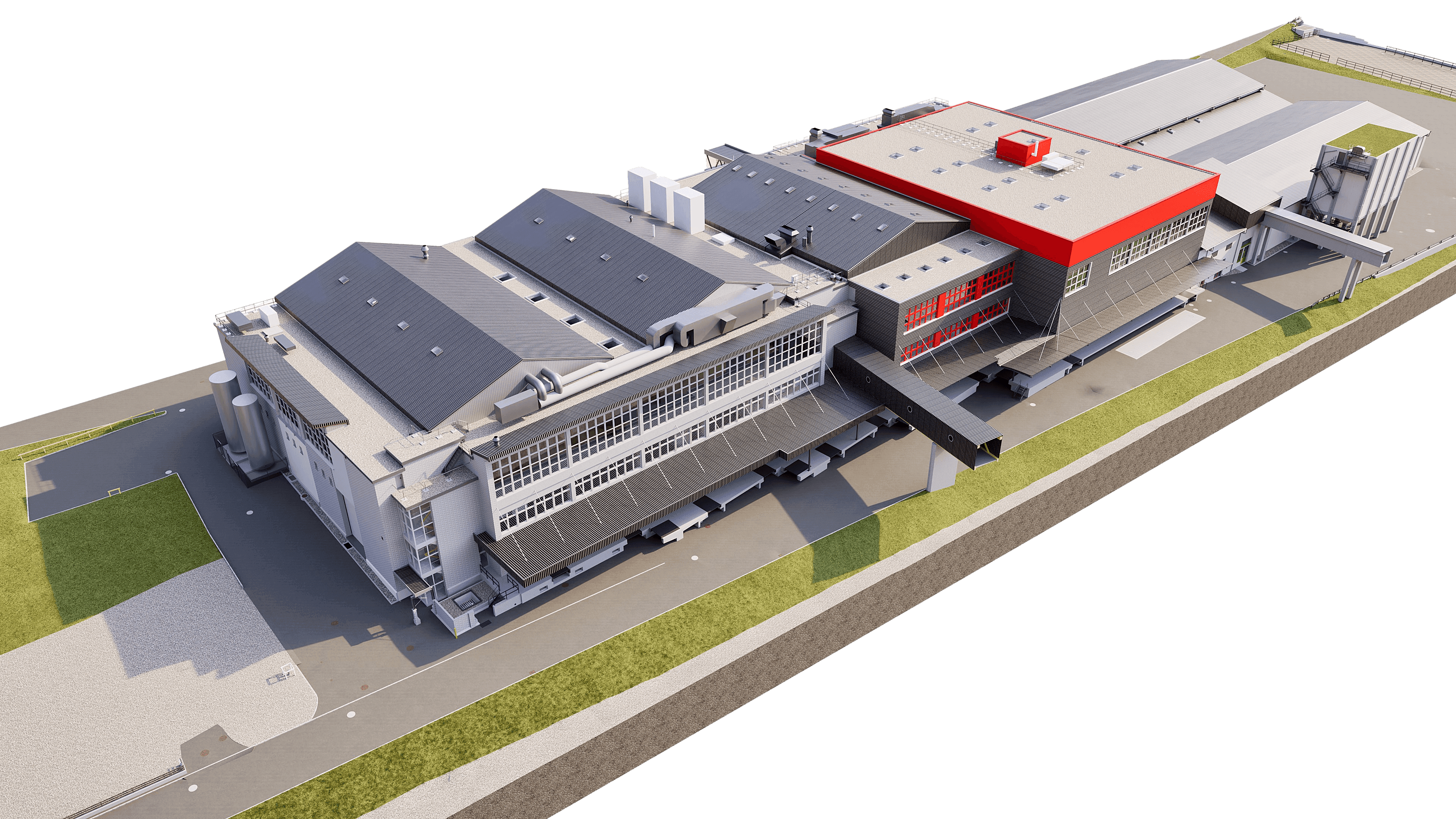 3D-Rendering eines modernen Industrie- und Produktionsgebäudes mit Hallen, Bürotrakt, Laderampen und großen Dachflächen in Vogelperspektive, Architekturvisualisierung einer Fabrikanlage.