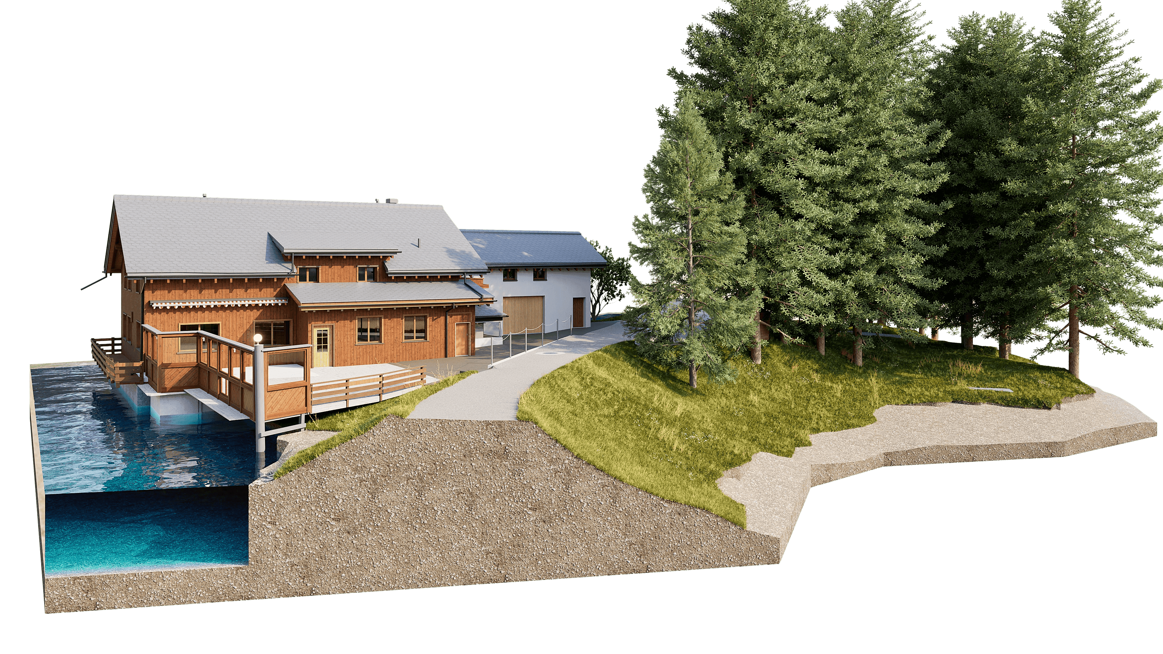 3D-Architekturvisualisierung: modernes Holzhaus mit Terrasse am Wasser, Zufahrt und Kiesweg, umgeben von Bäumen und Grünfläche.